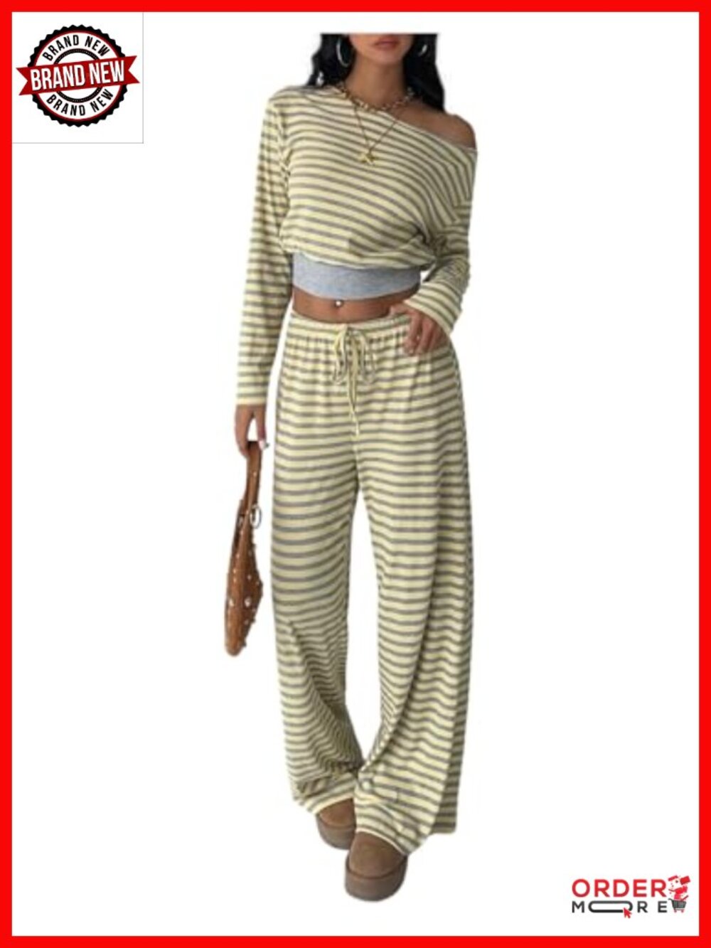 Two Piece Striped Lounge Set Off Shoulder Cropped Long Sleeve Drawstring Pants